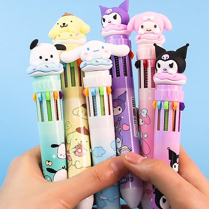 Sanrio ปากกาลูกลื่นกดสิบสี, ปากกาลูกลื่นลายการ์ตูนคาวาอิคุโรมิมีหลายสีสำหรับนักเรียนปากกาหมึกเจลเมโลดี้ Sanrio เครื่องเขียนการเขียนปากกาน่ารัก