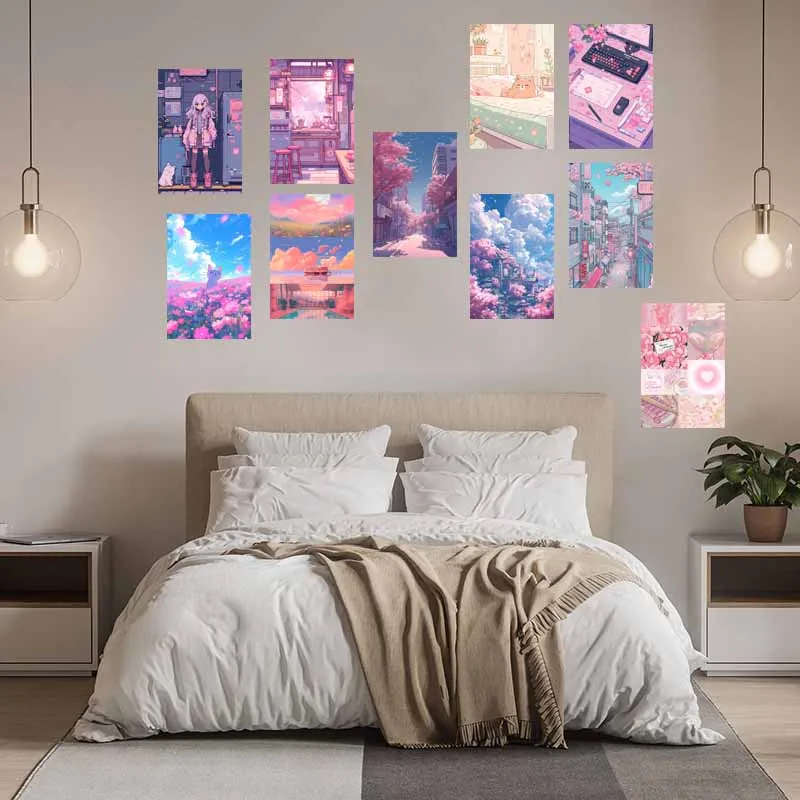 10/30pcs 4x6\'\' Pink Lofi Wall Collage Kit Cartoon Style Poster Cards Teen Girls Y2K Room Decoration Painting Bedroom Dorm Decor