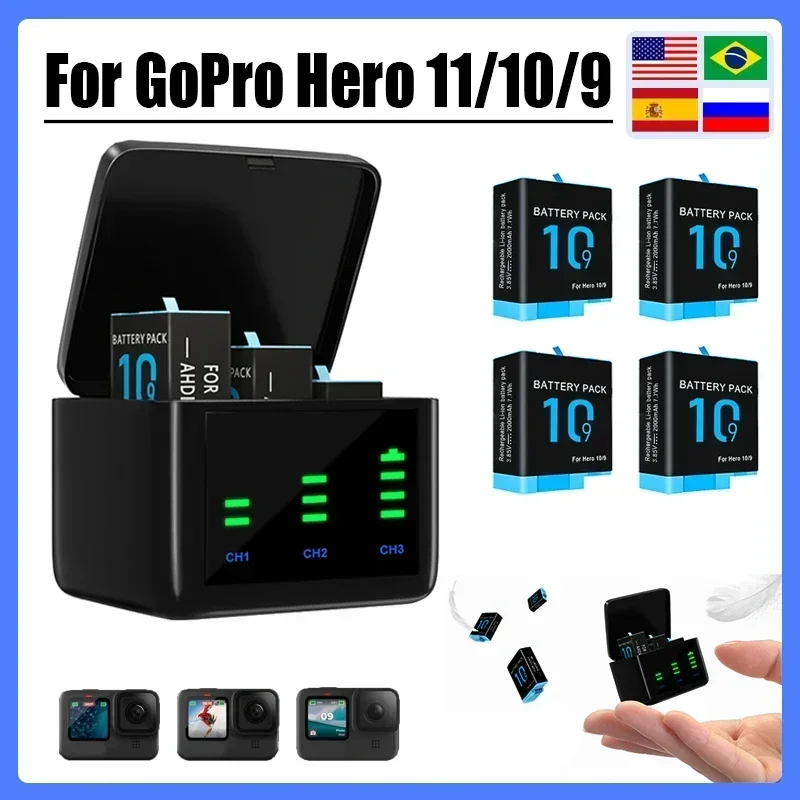 Для Gopro Hero 11/10/9 литиевая батарея для Go Pro Hero 11/10/9 черные аксессуары для экшн-спортивной камеры GoPro 2000 мАч