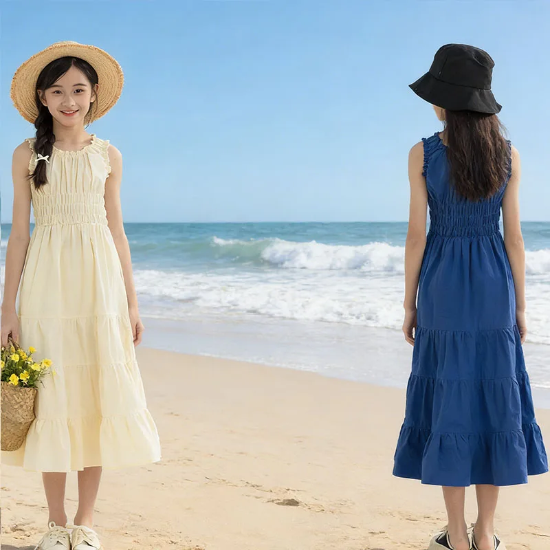 Girls' Sleeveless Tiered Maxi Dresses Pockets Blue Beige Girls Boho Smocked Waist Dress Summer Holiday For Kids Clothing 2026