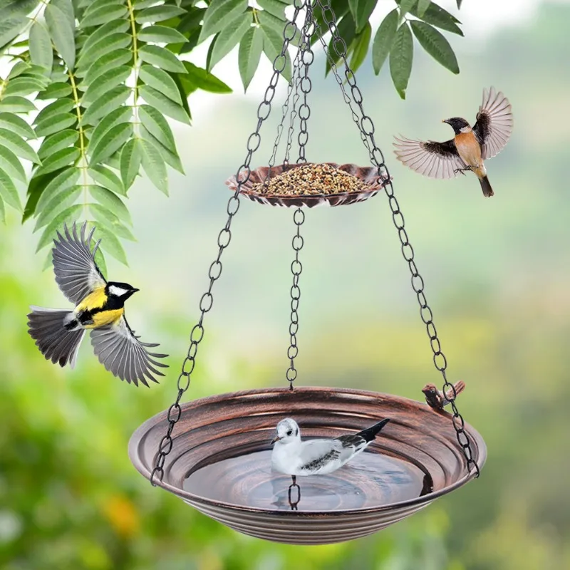 2 in 1 Hanging Bird Feeder with Chain Bird Bath for Outdoor Garden Yard Decoration