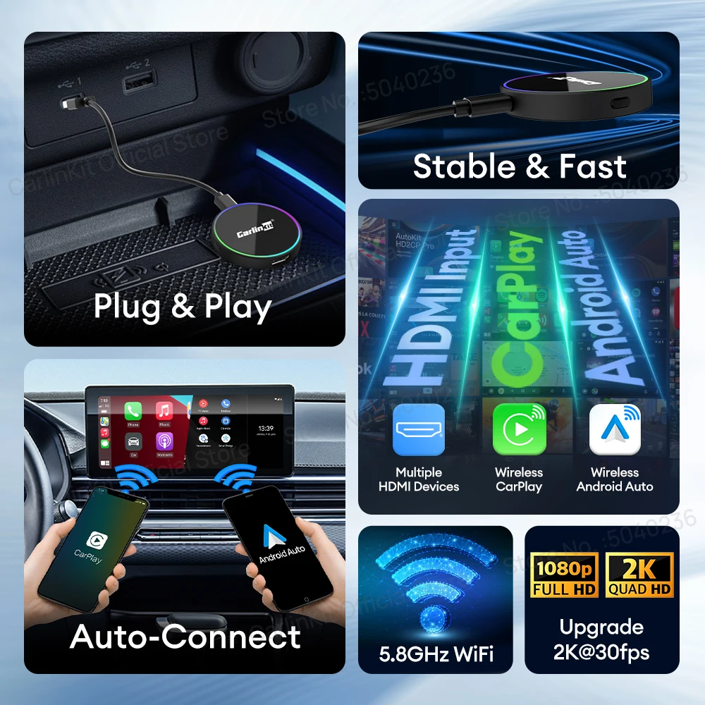 HD2CP Pro  CarlinKit Wireless Adapter HDMI Wireless Android Auto CarPlay 3-In-1 Smart Car Box HD Video for TV Sticks HDMI Device