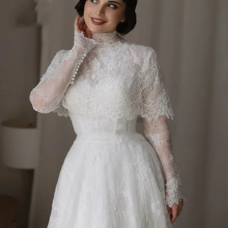 Customized Exquisite Lace Appliques Elegant A Line Princess Wedding Dresses Long Sleeve Cape High-neck Wedding Bridal Dresses
