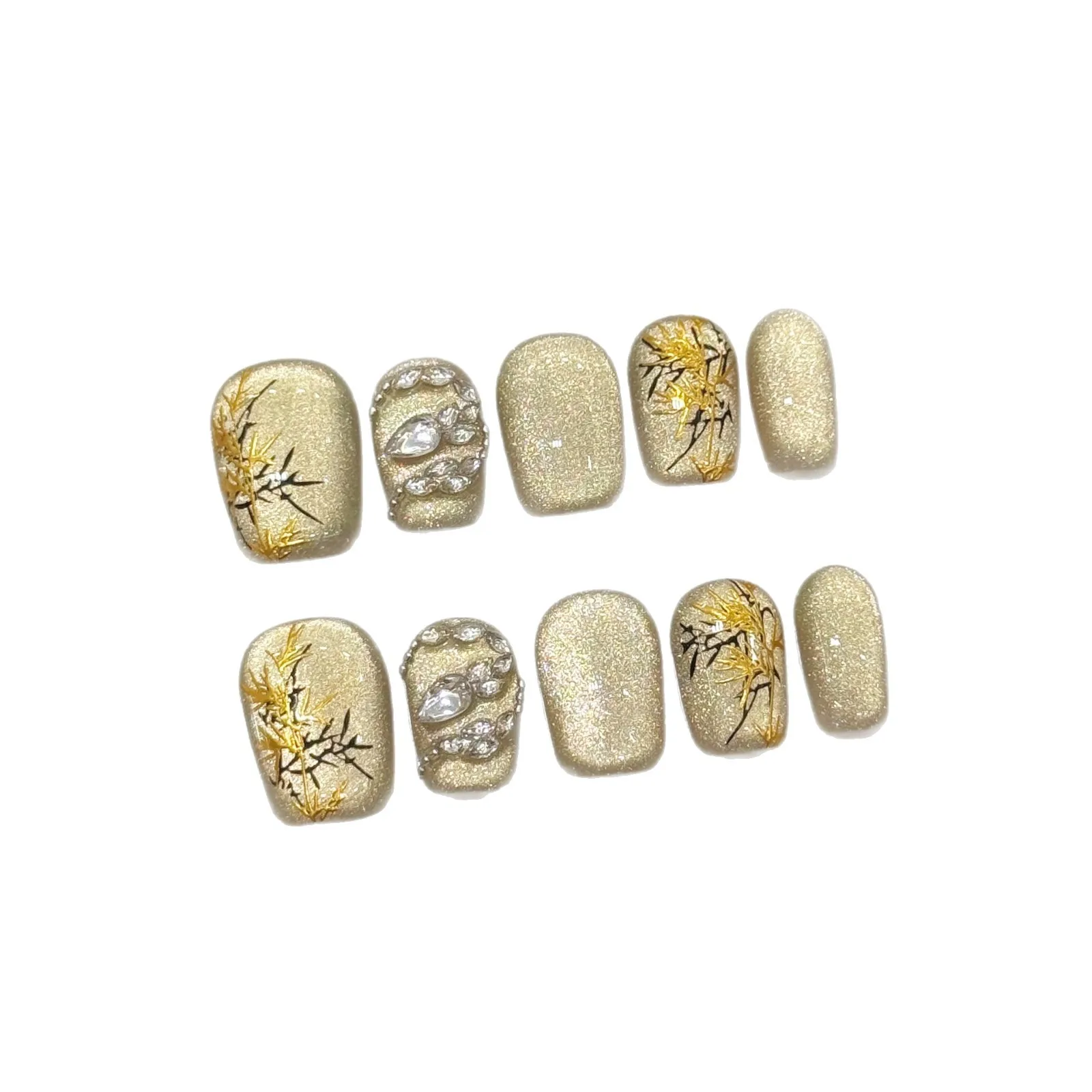 10枚入り 新中国風 ハンドメイド フェイクネイル 蛇型 ラインストーン 竹林 プレスオンネイル グリッター イエロー キャッツアイ つけ爪