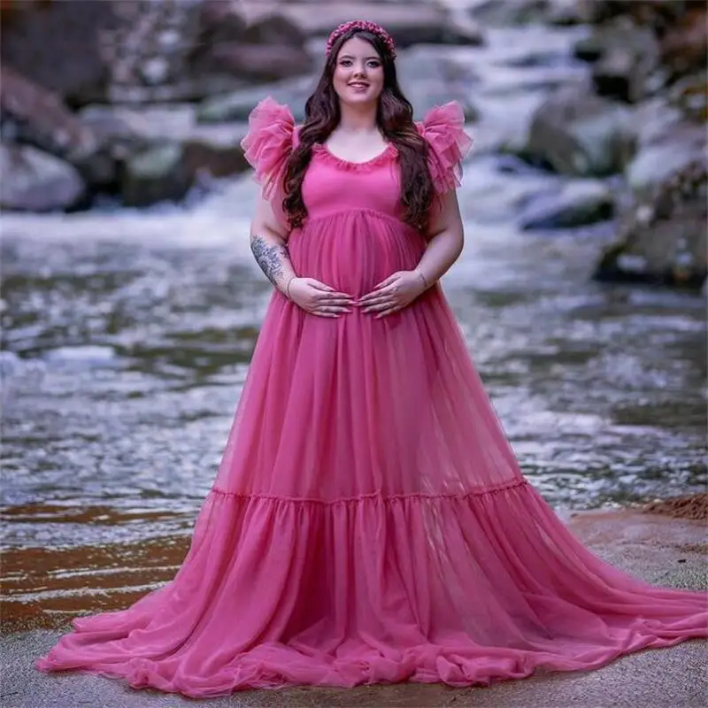 

Tulle Ruffle Maternity Dress Sleeveless Bohemian Prom Gown Plus Size Ladies Photoshoot Boudoir Lingerie