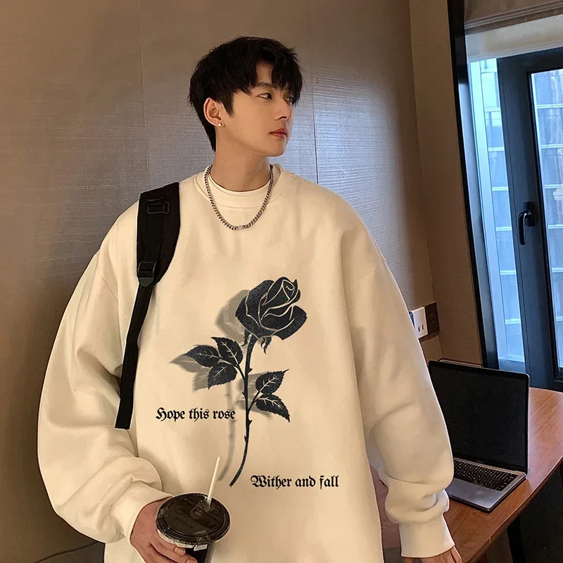 Funny Men's Oversized Hoodie Off White Hoodies Autumn Oversize for Men Rose Print 5XL Man Casual Wear Hoody Male Sweatshirt