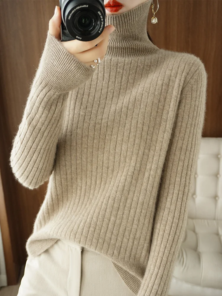 Autumn Winter Women Fine Wool Sweater Turltlneck Vertical Strip Pullover Long Sleeve Knitwear Thickening Clothing Bottoming Tops