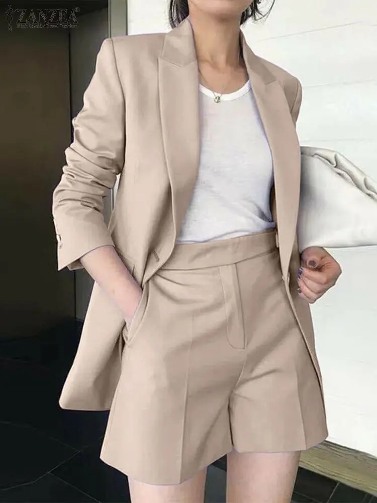 ZANZEA Autumn Pure Cotton Short Sets Long Sleeve Blazer And Short Pant Women Solid Work OL Tracksuits Fashion Elegant Suit 2023