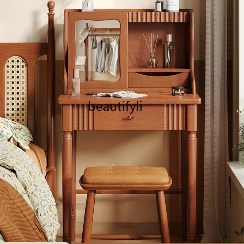 

French Solid Wood Dressing Table Bedroom Desk Dressing Table Integrated Cherrywood Mid-Ancient Makeup Table