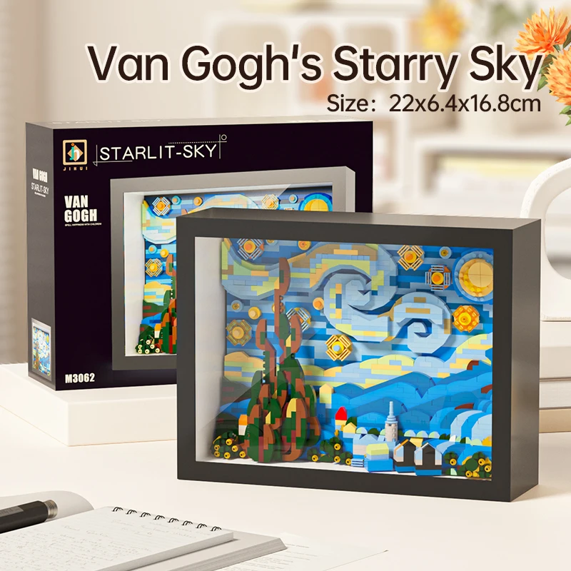 Creatieve wereldberoemde kunstschilderij zonnebloem Van Gogh The Starry Night Galaxy Kanagawa bouwsteen, kerstverjaardagscadeaus