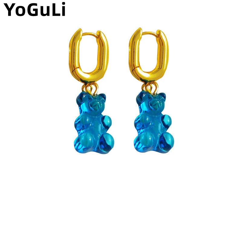 Modern Jewelry Little Bear Earrings Lovely Blue Green High Quality Brass Transparent Resin Drop Earrings For Women Accessories