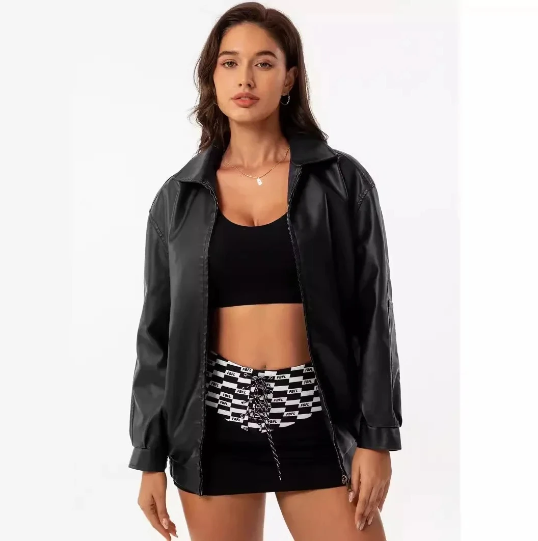 سترة نسائية من الجلد الطبيعي بمشبك فضفاض ومفتوح من الأمام معطف مثير متعدد الاستخدامات لأزياء ربيع الخريف #1