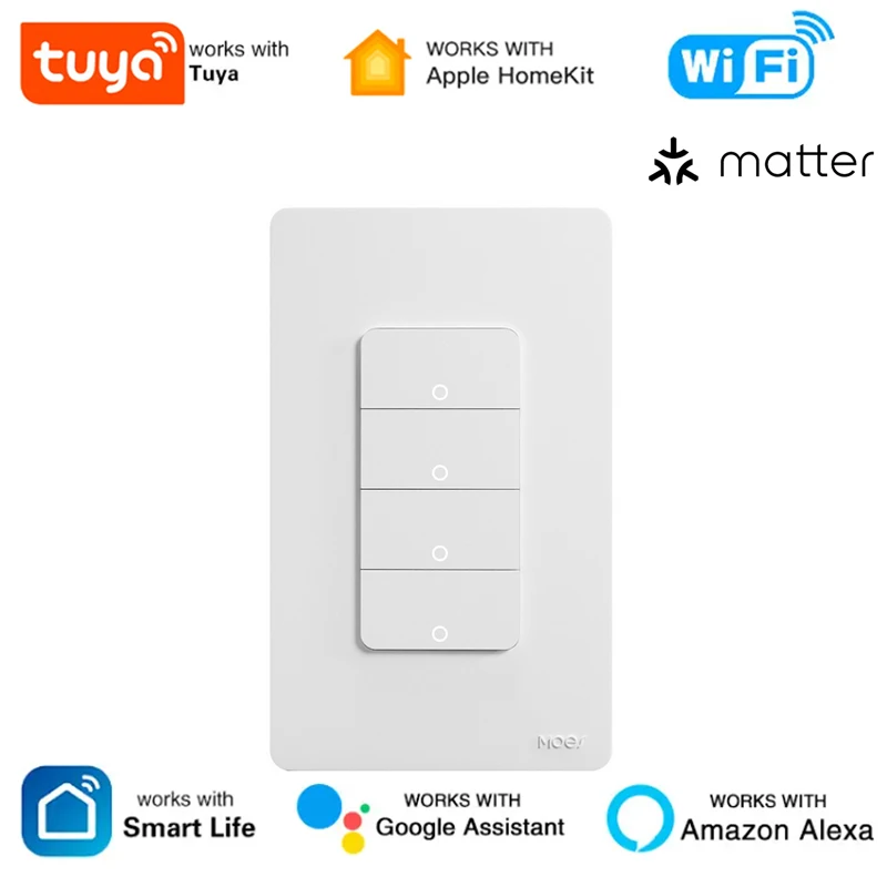

MOES Tuya WiFi Matter Smart Light Кнопочный переключатель Потрібен нейтральный провод США Управление приложением работает с Alexa Google Home Apple HomeKit