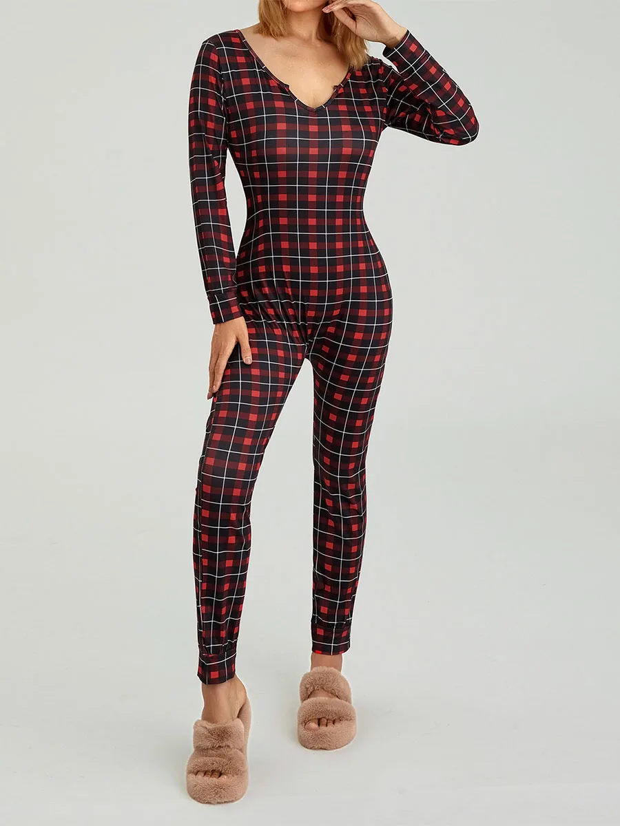 Women s Christmas Jumpsuit Pajama Long Sleeve V Neck Snowflake Plaid Print Sleepwear