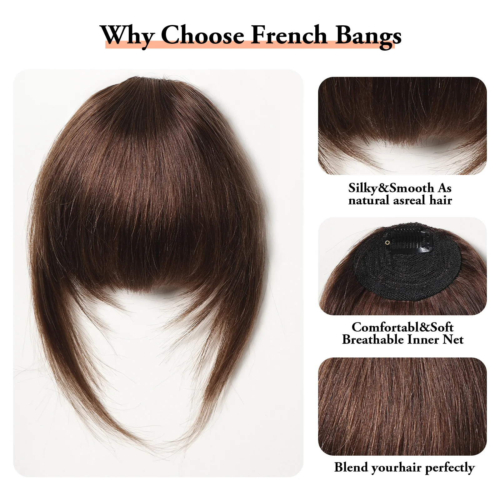 Brown Human Hair Bangs for Women Clip on French Bangs Hair Extensions for Daily Wear 100% Human Blunt Cut Wispy Bangs Hairpiece