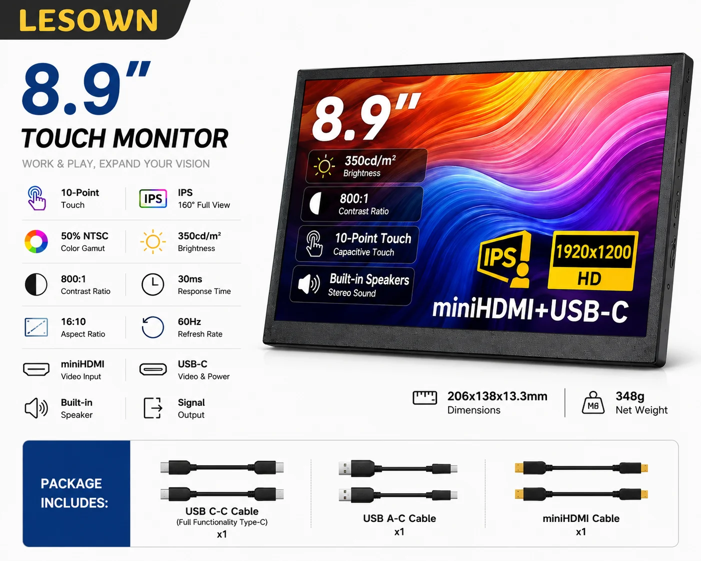 LESOWN 8.9" Touch Panel HDTV Screen Driver-free Display Plug and Play for Smart Home Dashboard Easy Portable Monitor