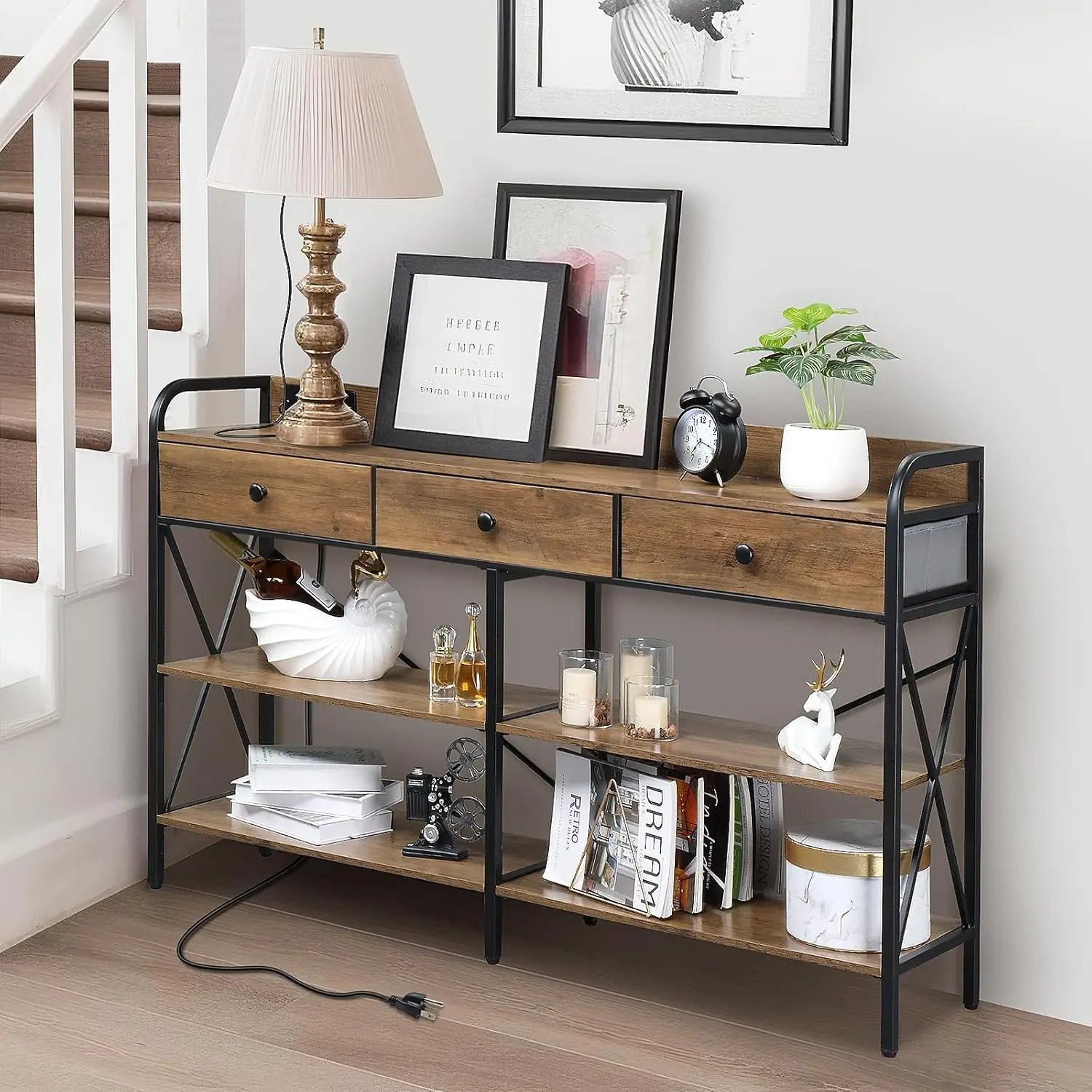 Karl home Console Table with USB Ports and Outlets, Entryway Table Sofa Table TV Stand with 3 Fabric Drawers 3 Tiers