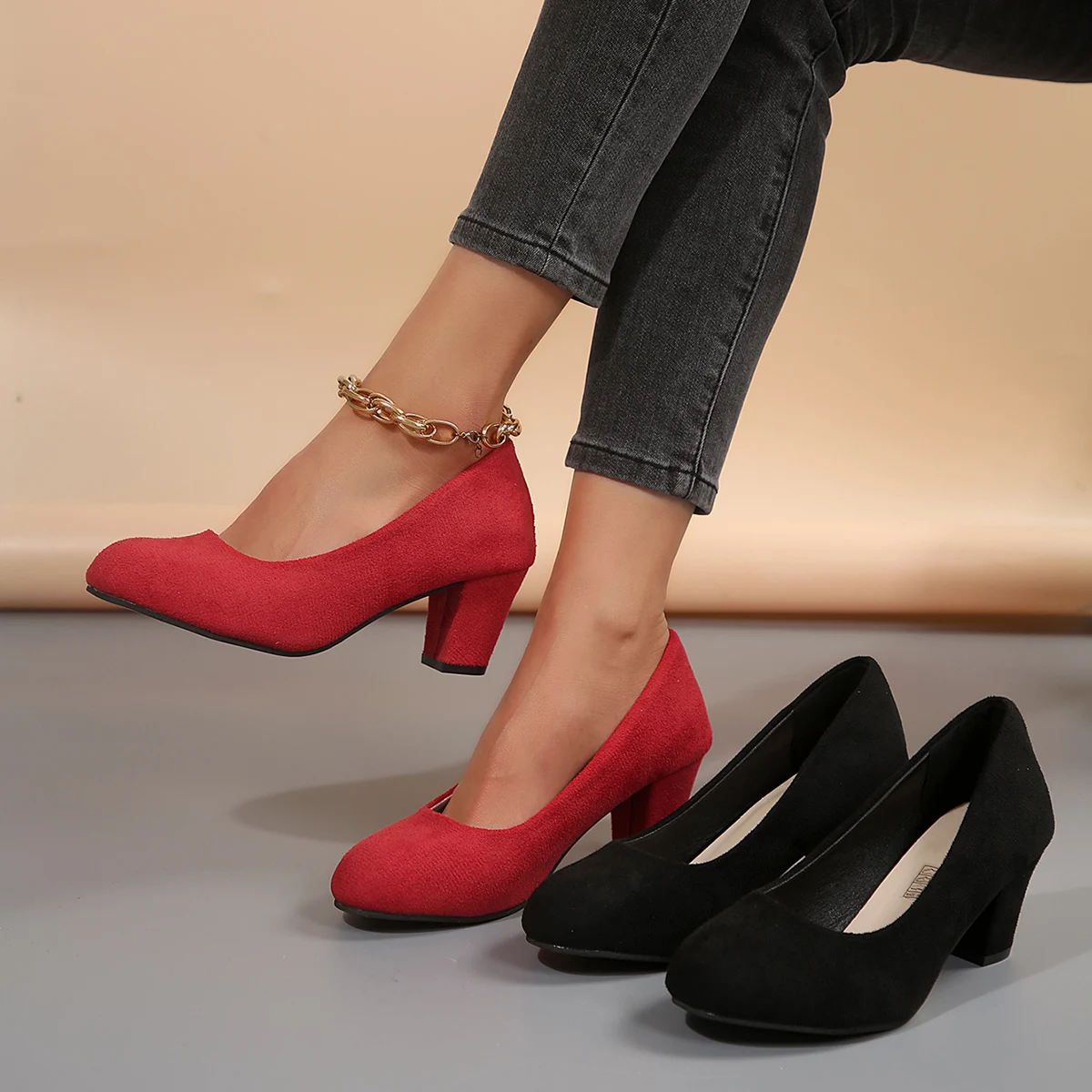 

Women Pumps 2025 New Chunky Heels Women High Heels Shoes Students Mom Suede Wedding Shoes Party Leisure Plus Size Heels Womem