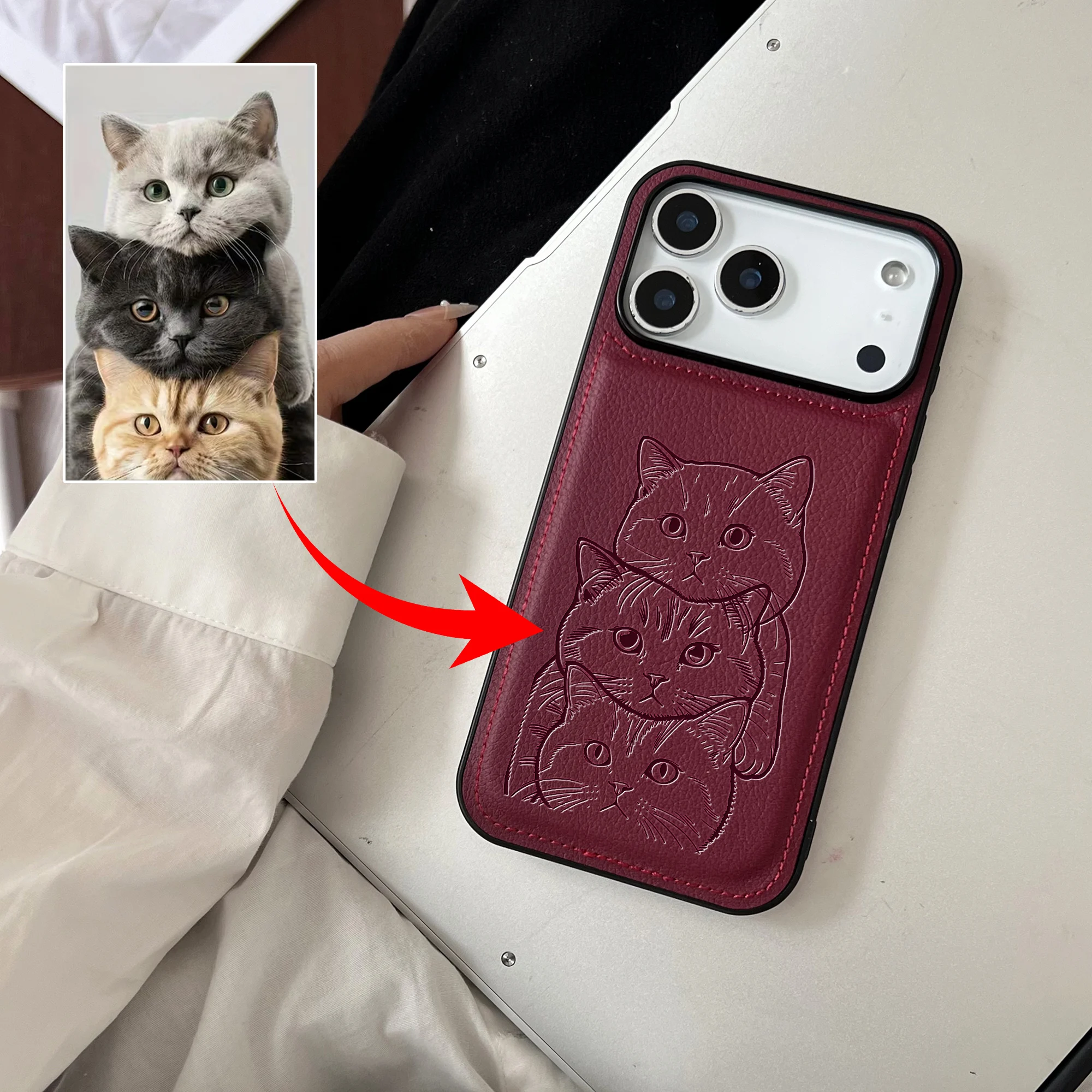 Capa de Celular de Couro Sintético de Luxo com Foto Personalizada de Casal/Família, Linhas Desenhadas à Mão, Gravação a Laser 3D para iPhone 17 Pro Max – Presente DIY