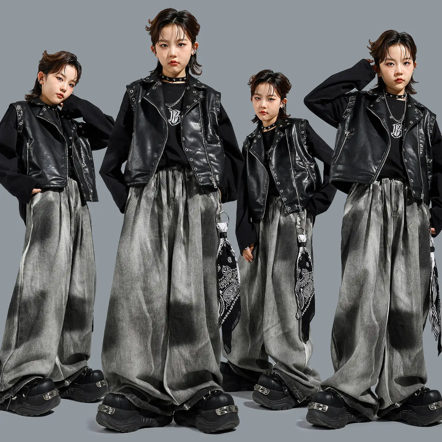 Children Boy Girl Streetwear Hip Hop Punk Leather Motorcycle Vest Dirty Pant Sets Kids Tracksuit Performance Clothes Costume