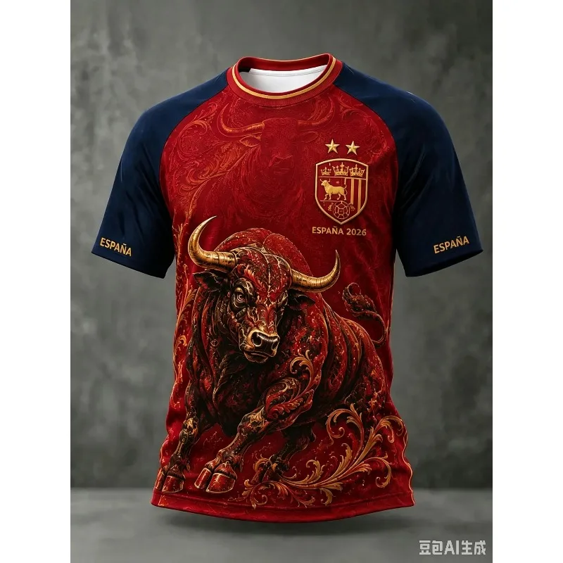 Camiseta de Fútbol con Estampado 3D Inspirada en España 2026, Roja y Azul Marino, Manga Raglán, Gráfico de Toro Ornamentado, Unisex, para Fanáticos del Fútbol, Manga Corta