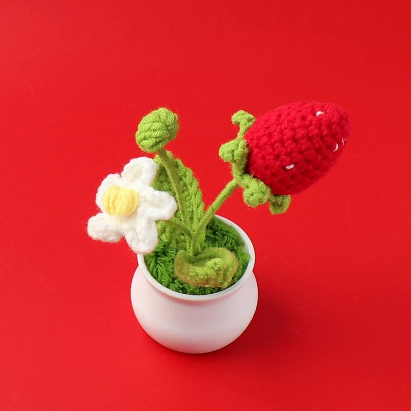 Niedliche Erdbeer-Häkelblumen, kreative Kintted-Blumen mit Topf-Fake-Pflanze für Auto, Bücherregal, Dekoration, Geschenk, Erdbeer-Dekor – Detail 4