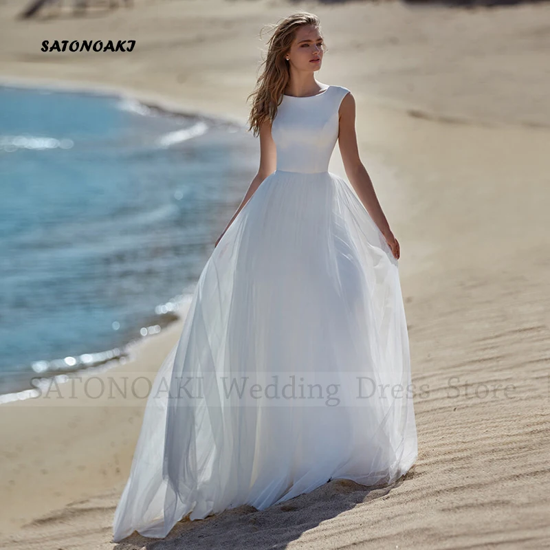 Elegant Simple Boho Beach Satin Wedding Dress for Women O-Neck A-Line Backless Bride Gown Vestidos De Novia Custom Robe Mariée