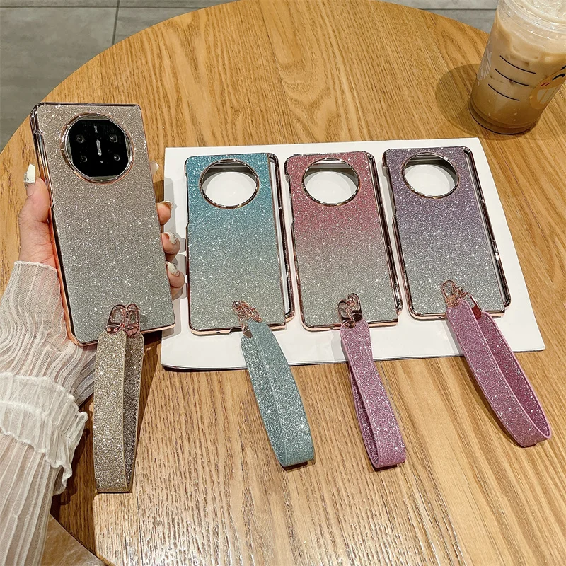For Huawei Mate X5 X3 Case Fashion Electroplated Bling Glitter Shiny Wrist Strap Folding Shockproof Protective Hard Back Cover