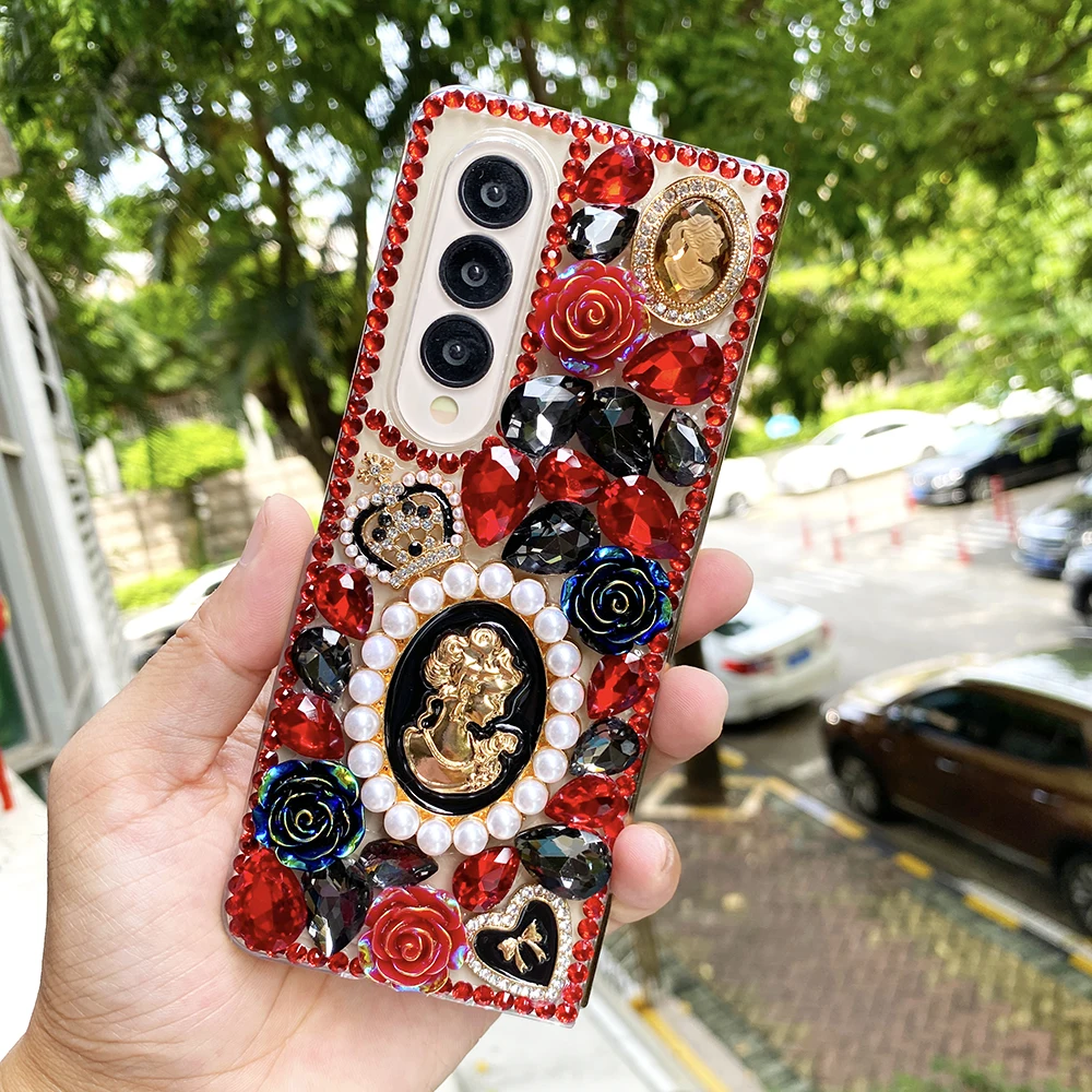 Laser 3D Red Black Rose Flowers Bling Rhinestone Hard PC Phone Cover For Samsung Galaxy Z Fold 6 5 4 3 2 Heart Portrait Case