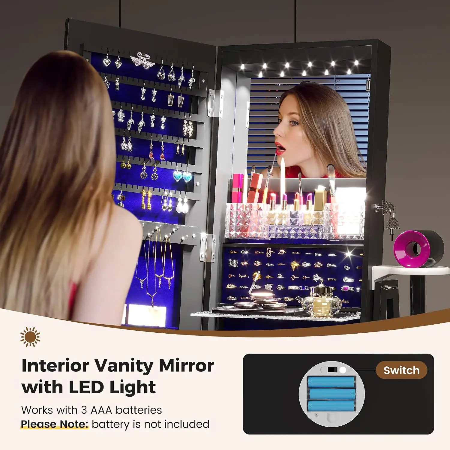 Jewelry Cabinet with LED Mirror 360° Swivel Remote Control RGB Lighting Storage Shelves Drawer, Customized view 3
