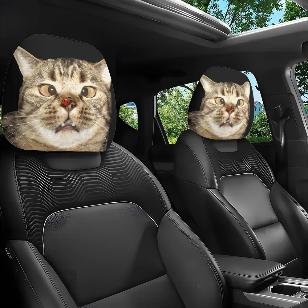 2pcs Cute Cat And Ladybug Print Headrest Covers, Easy To Install And Wash, Relieve , Fit, Suitable For Long Distance Driving,