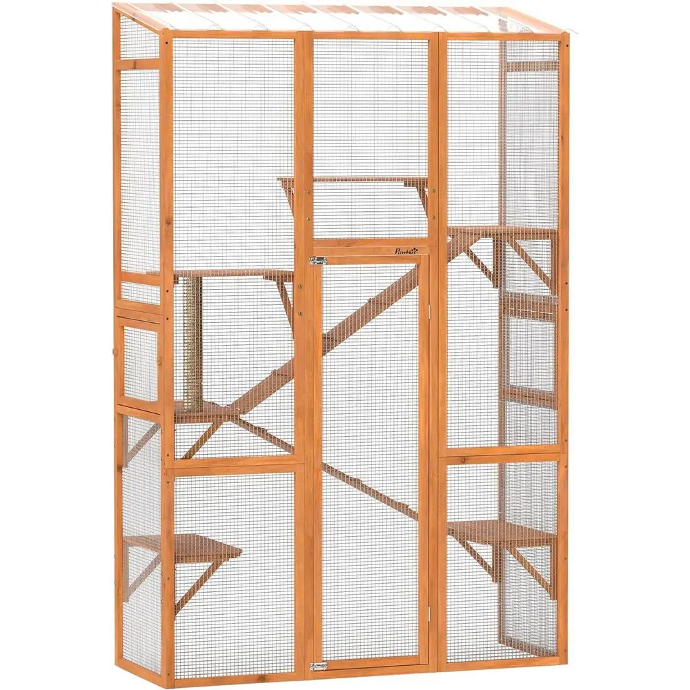 

Spacious Wooden Cat Enclosure with 6 Platforms, Scratching Post, 2 Perches, Waterproof Roof for 2-3 Kittens, 99 Tall, Orange