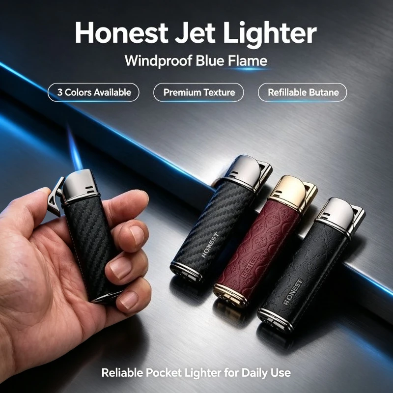 Luxury HONEST Metal Leather Cigar Torch Lighter, Refillable Butane Jet Flame, Packed In Gift Box, Empty Gas For Safe Shipping