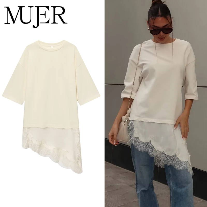 MUJER Polo Lace Women's T-shirt Asymmetric Tank Tops for Woman Short Sleeve Funny Woman T-shirts Streetwear Casual Tops Ladies