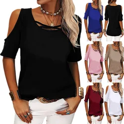 Women T-Shirt Solid Color Off Shoulder Loose Short sleeved T-shirt for Women  Fashion Casual Pullover 2024 Spring and Summer