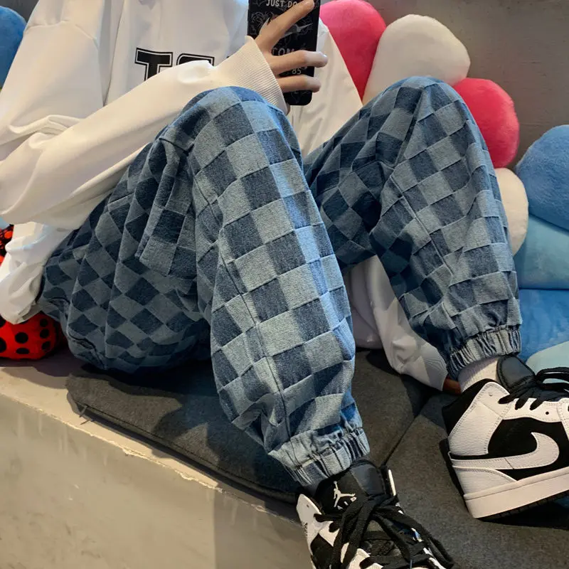 Autumn and Winter Checkerboard Jeans Men's Casual Loose Sports Leggings Hong Kong Style American Hip-hop Retro Trousers