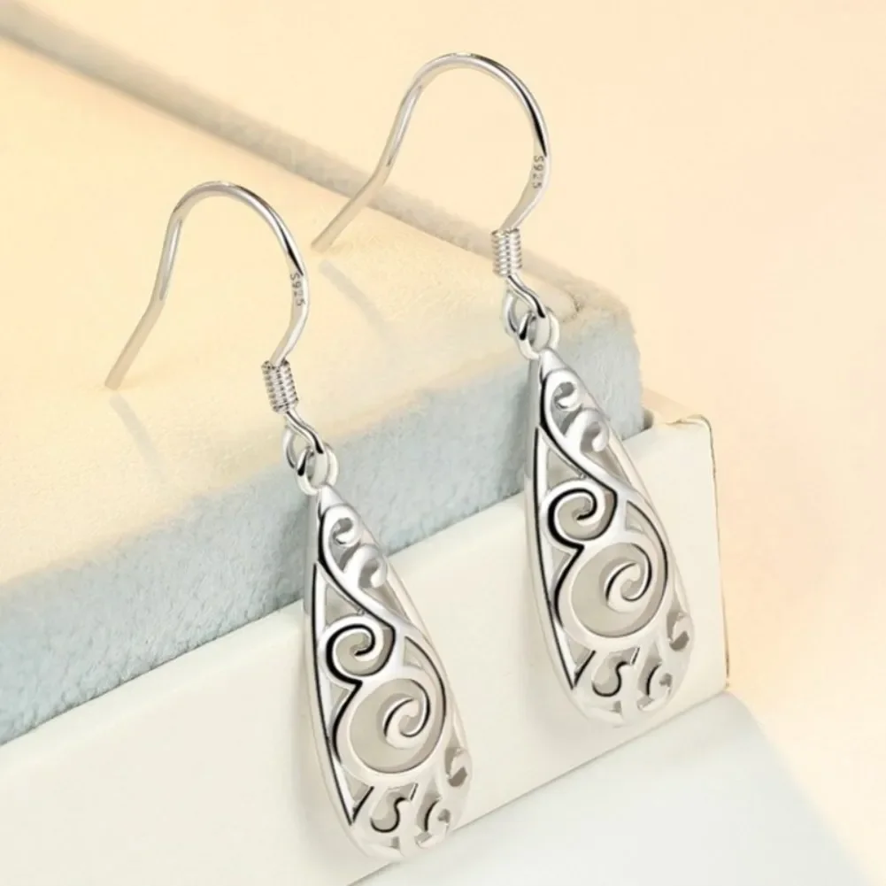 

New 925 Sterling Silver Carved Drop Shape Earrings for Women Fashion Wedding Jewelry Christmas Gifts Party Vintage Long Earrings