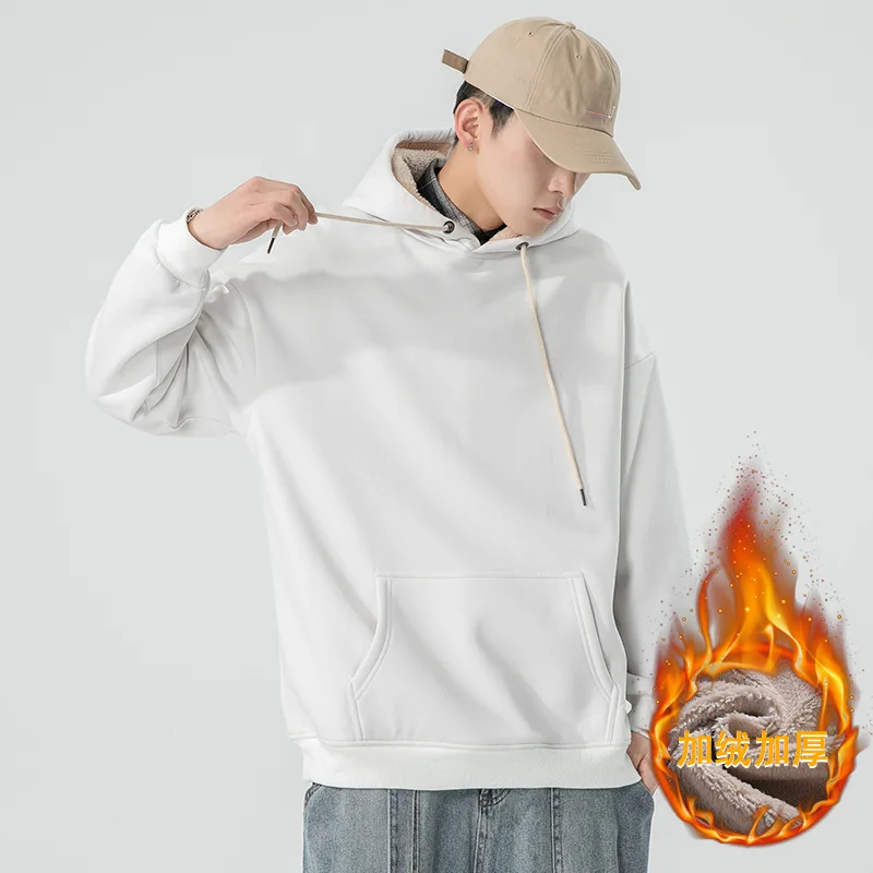 Mens Fleece Hoodie Autumn Winter  Street Fashion Big Pocket Jacket Thickened Fleece Crewneck Pullove