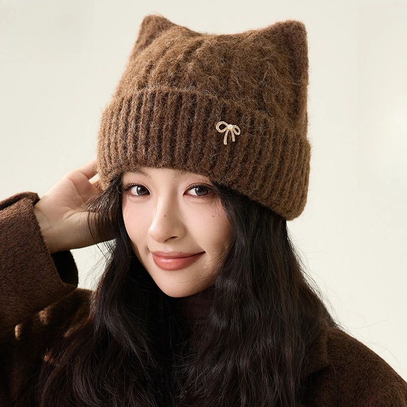 Popular Cute Cartoon Cat Ears Thickened Knitted Hat Girl Korean Versatile Age-reducing Bow Wool Hat Ear Protection Warm Hat