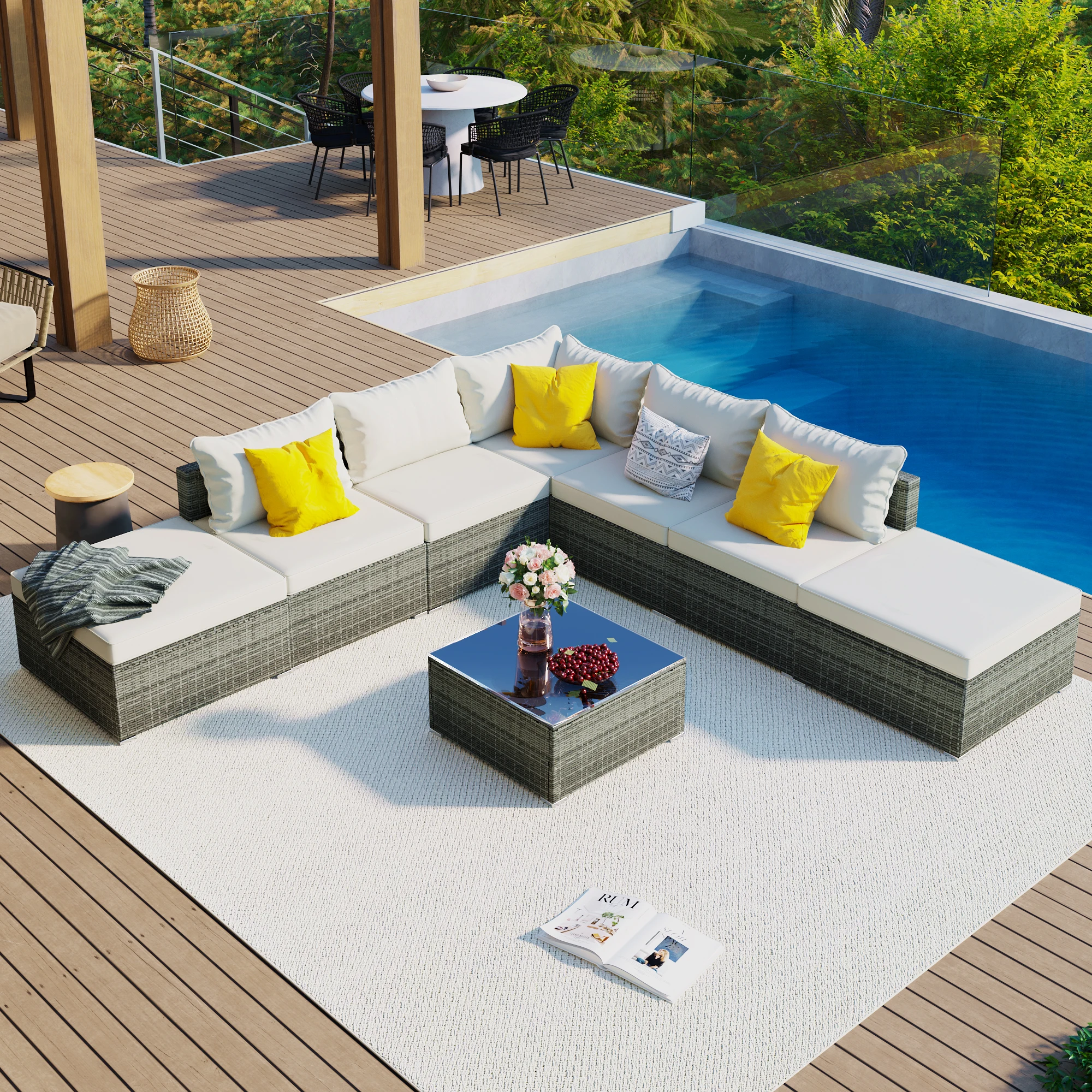 8-Pieces Outdoor Patio Furniture Set, Garden Conversation Wicker Sofa Set, Single Sofa Combinable, Beige Cushions Gray Wicker