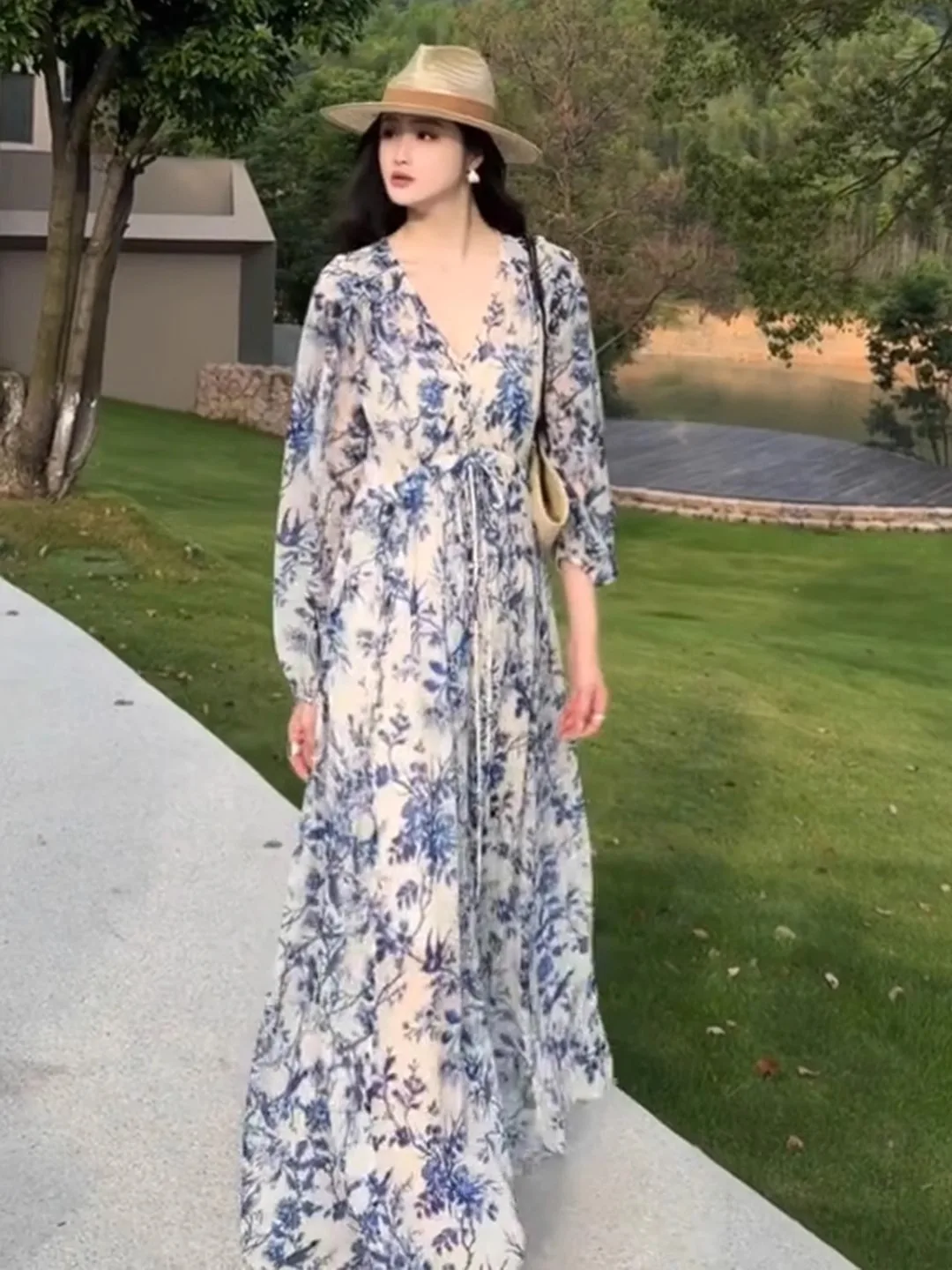 

Синяя длинная женская юбка-макси с цветочным принтом и завязкой на талии, туристическая юбка с высокой талией, Новое поступление лета