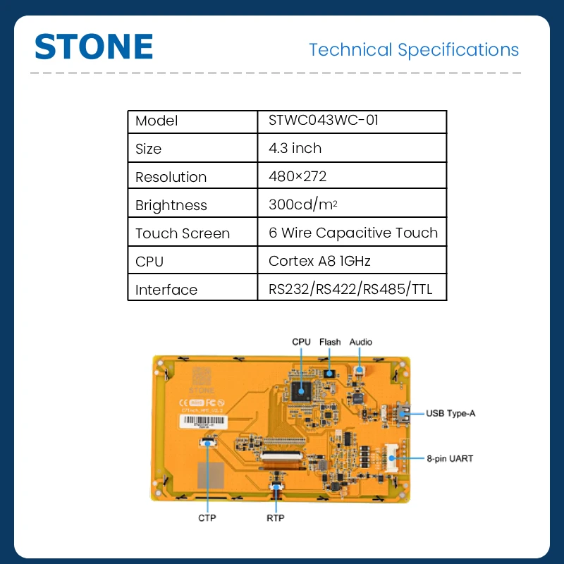 STONE HMI C 4.3 Inch 480*272 LCD Display Module with Capacitive Touch Screen Monitor+High Resolution+TTL/RS485 for Arduino