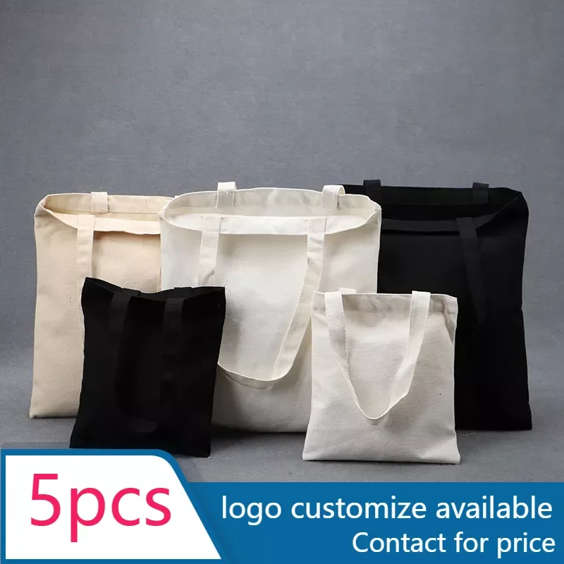 

5 pcs Supermarket cotton Shopping Bags Folding Eco-Friendly Cotton Tote Bags DIY Shoulder Bag Grocery Handbag black White