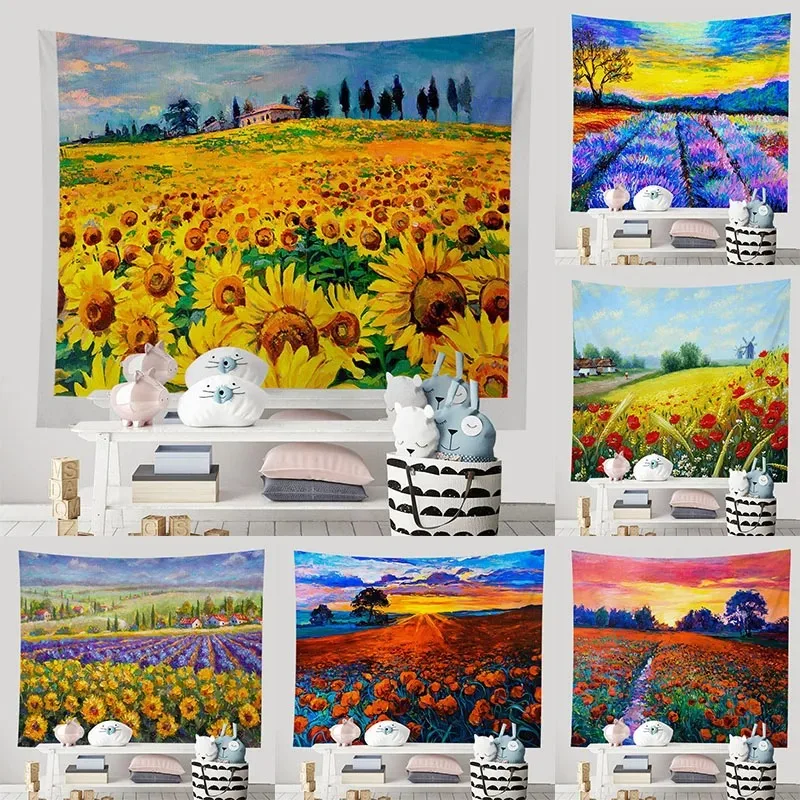 Sunflower lavender landscape pattern background cloth bedroom living room personalized home decoration tapestry