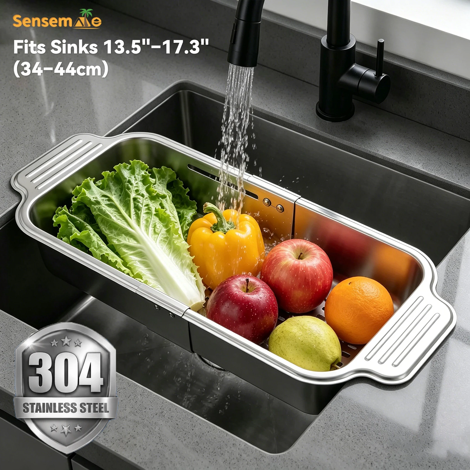 

Adjustable Retractable 304 Stainless Steel Sink Colander Over Sink Drain Basket With Handle For Fruit Vegetable Washing Kitchen