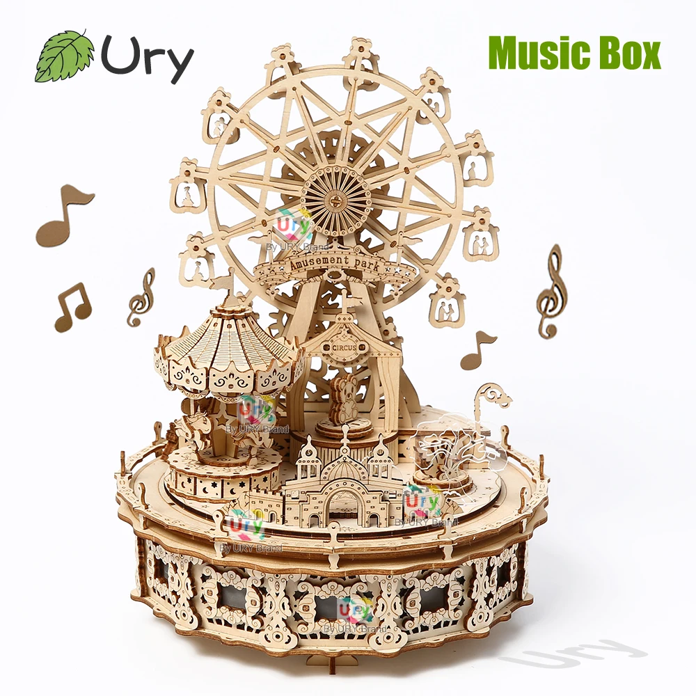 Ury 3D Holzpuzzle LED Drehbares Riesenrad Vergnügungspark Musikalische Oktavbox Modellbausatz Montage DIY Spielzeug Geschenk für Kinder und Erwachsene