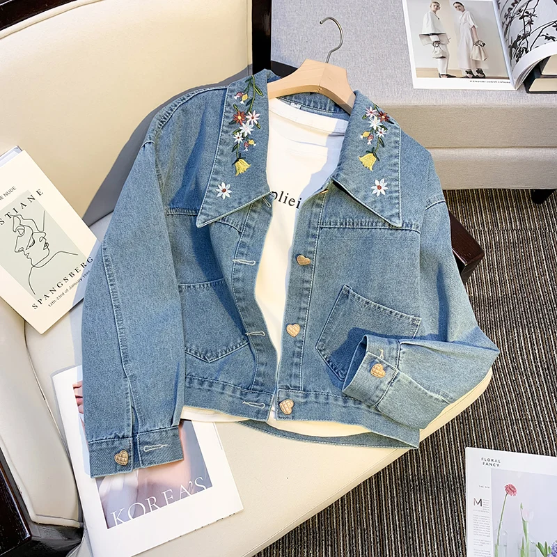 

Floral Embroidery Denim Jacket For Women Turn Down Collar Single-breasted Short Coat New Spring Autumn Outerwear