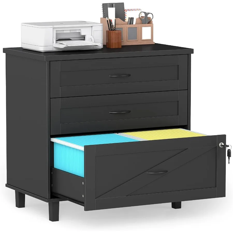 3-Drawer Wooden File Cabinet with Lock, Large Lateral Filing Cabinet with Hanging File Folders, Farmhouse Office Organizer Prin