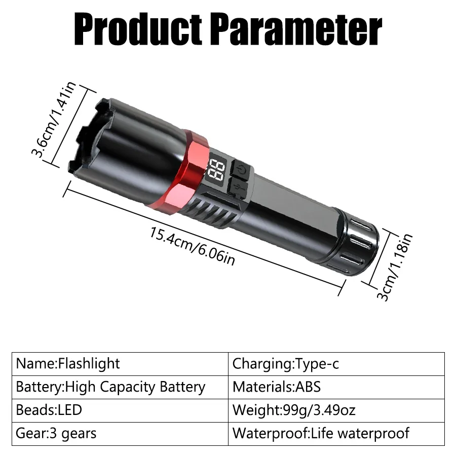 Powerful LED Flashlight, Type-C Rechargeable, High Power Zoomable, Waterproof, Portable for Camping, Hiking & Outdoor Survival