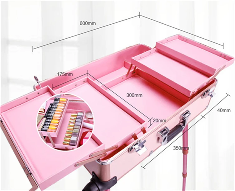 travel portable 24inch makeup trolley cosmetic rolling carry case with 6bulbs lights make-up suitcase